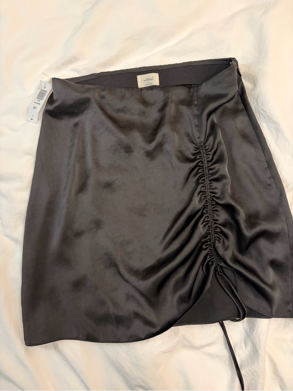 Aritzia Wilfred allusion skirt-  Black Satin Ruched Mini Skirt